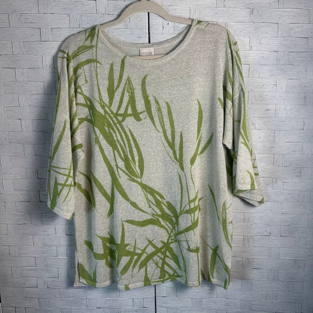 Chico’s womens sweater summer short sleeve tropical print travel coastal grandma